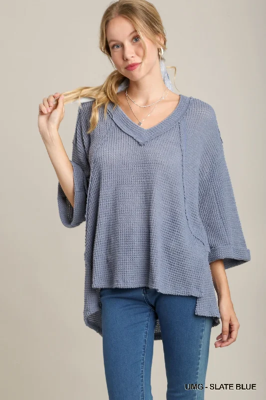 Slate Blue Waffle Knit Boxy Cut TopKnitted Patterned