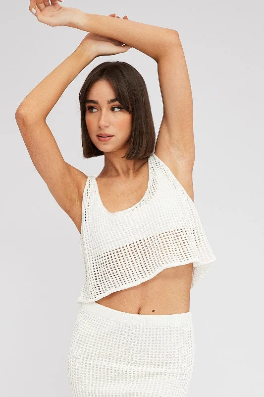 White Crochet Knit Top Scoop NeckKnitted Ribbed