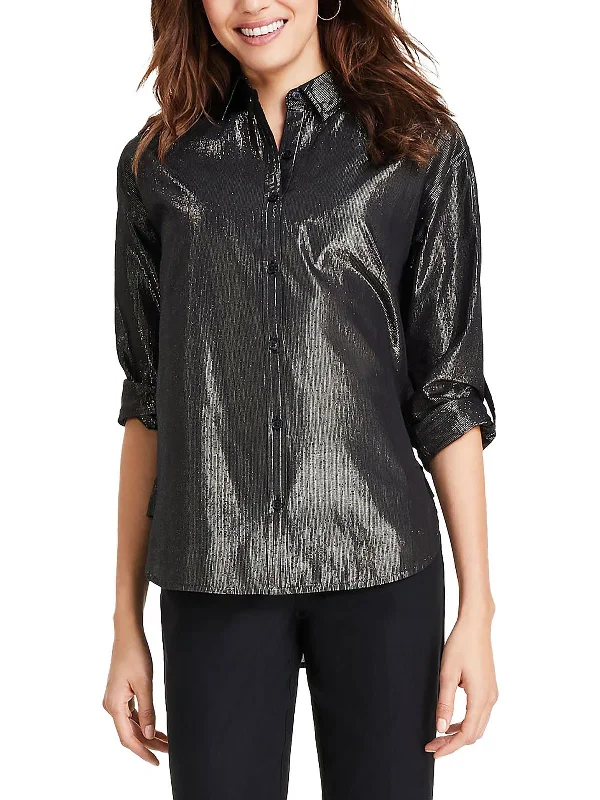 Three-layer structureWomens Collar Metallic Button-Down Top