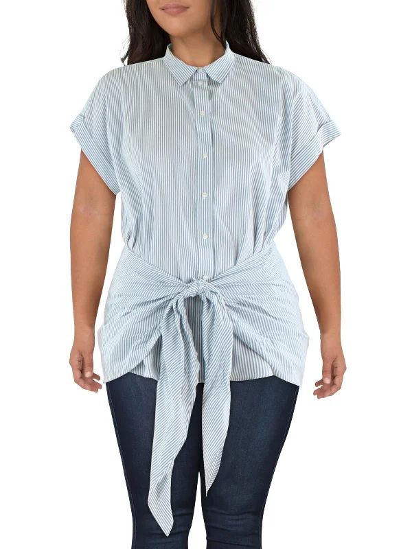 Lightweight designWomens Collar Tie Waist Button-Down Top