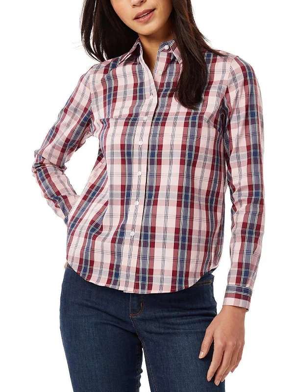 Adjustable cuffsWomens Cotton Plaid Button-Down Top