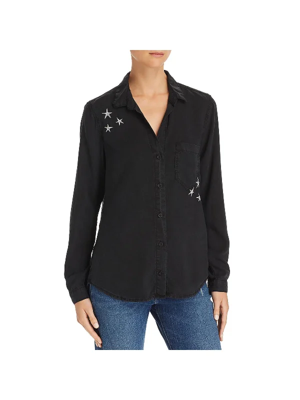 Quilted designWomens Embroidered Hi-Low Button-Down Top