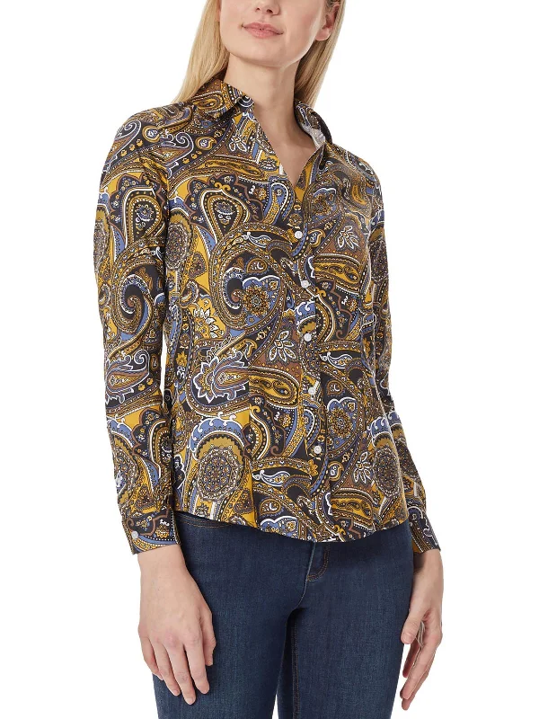 Adjustable hemWomens Paisley Collar Button-Down Top