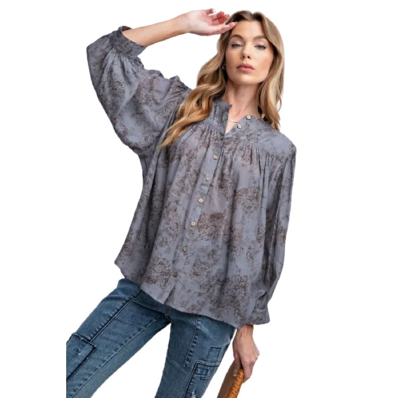 Cold resistance3/4 Sleeves Crepe Button Down Printed Top