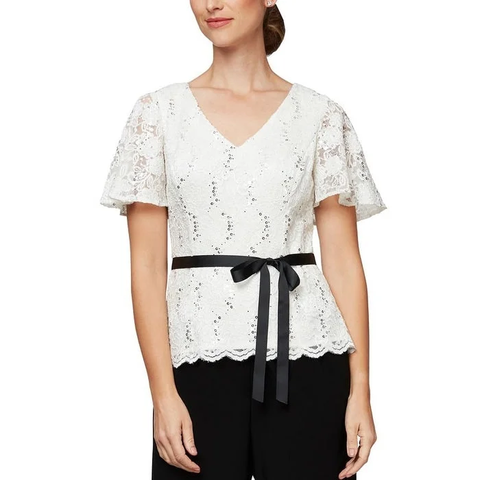 Scoop Neck Short Sleeve TopsAlex Evenings Women's Lace Flutter Sleeve Top White Size S