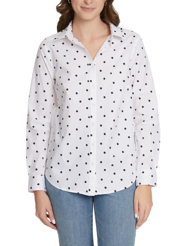 Multi-pocket designAmanda Womens Cotton Blend Polka Dot Button-Down Top