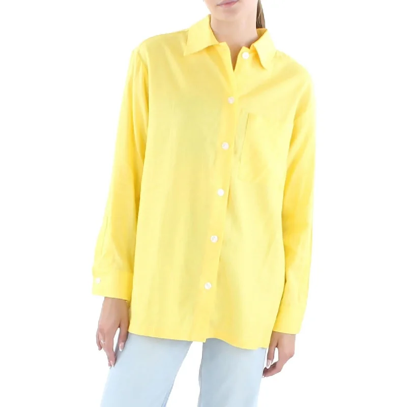 Down contentAnne Klein Women's Point Collar Deep Pocket Button Down Top Yellow Size Small