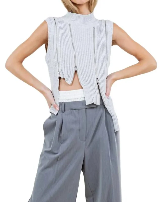 Asymmetrical Multi Zipper Knit Top In GreyKnitted Zip-Up