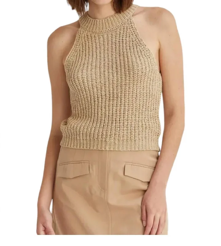 Audrey Chunky Knit Halter Top In BeigeKnitted Striped