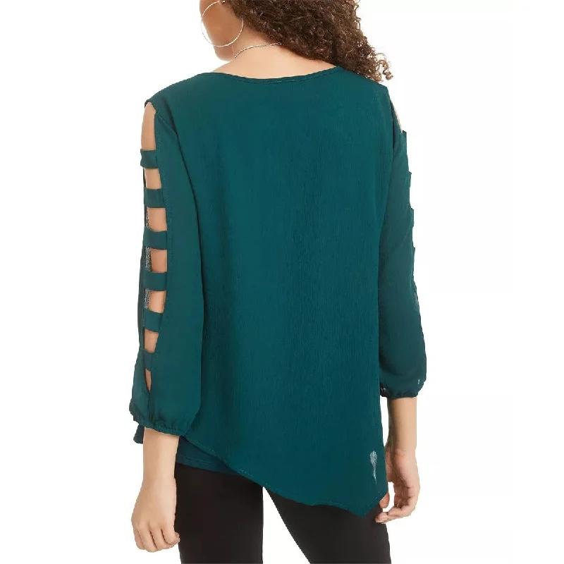 Bcx Junior's Asymmetrical Sheer Top W/Knit Tee And Necklace Pine Green Size SmallKnitted V-Neck