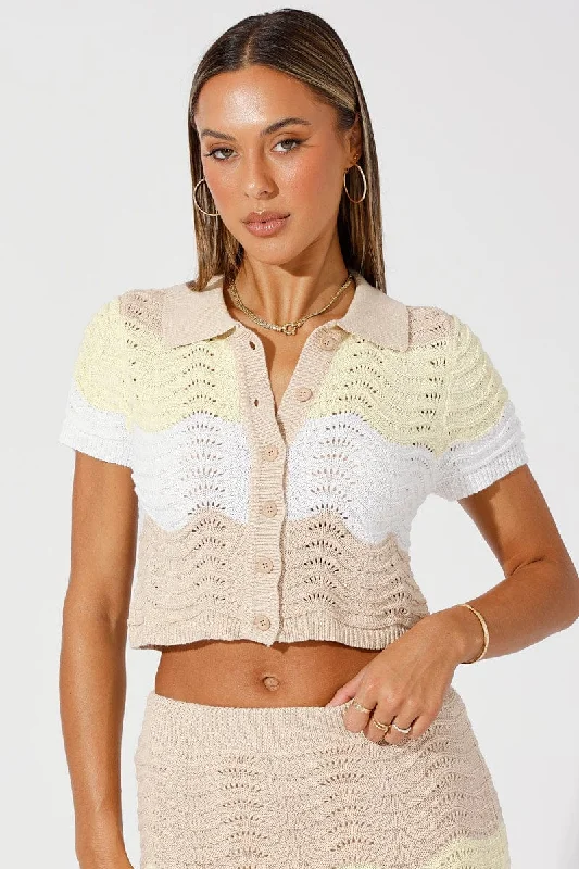 Beige Stripe Crochet Knit Top CollaredKnit Collared