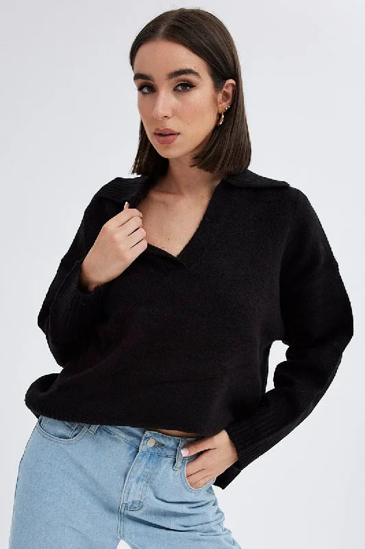 Black Collar Knit Jumper StripeKnit Casual