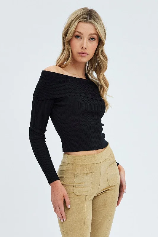 Black Knit Top Off The Shoulder RibbedKnit Fall