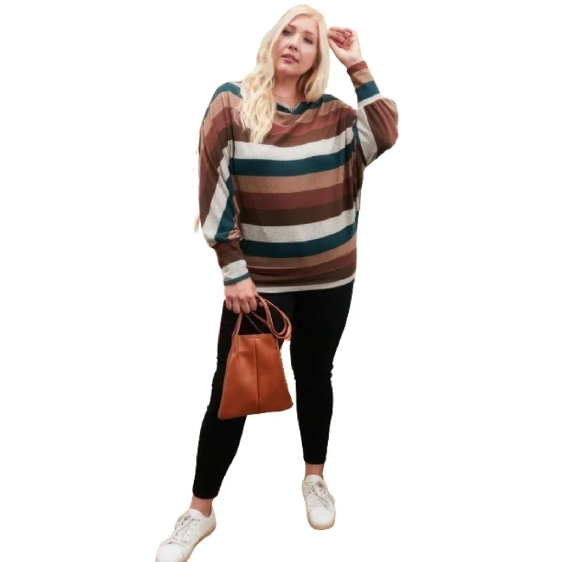 Boat Neck Long Bubble Sleeve Multi Stripe Print Knit TopKnitted Graphic