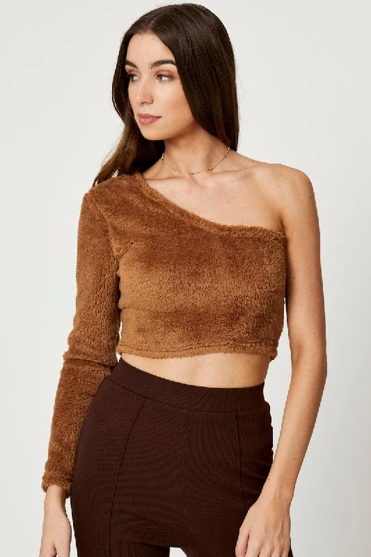 Brown One Shoulder Fluffy Knit TopKnitted Layered