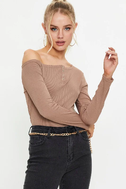 Brown Snap Button Off Shoulder KnitKnitted Jumper