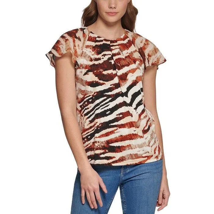 Compression Short Sleeve TopsCalvin Klein Women's Animal Print Chiffon Flutter Sleeve Top Brown Size Small