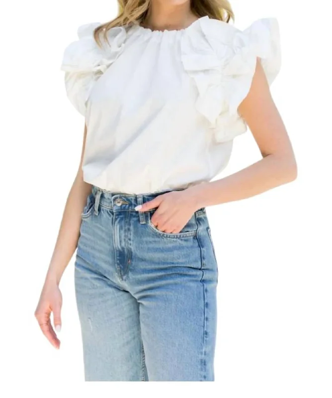 Boat Neck Short Sleeve TopsCleo Flutter Sleeve Top In White