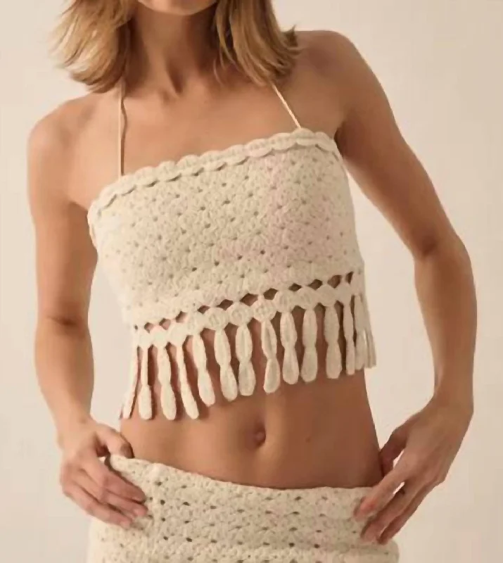 Crotchet Knit Fringe Tube Halter Top In Off WhiteKnitted Fall