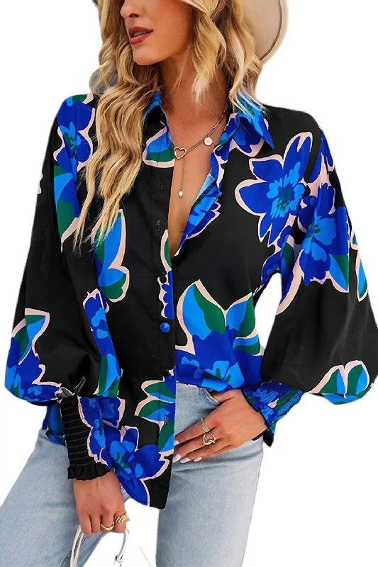 Hoodless down jacketDani Deco Button Down Top In Blue Floral