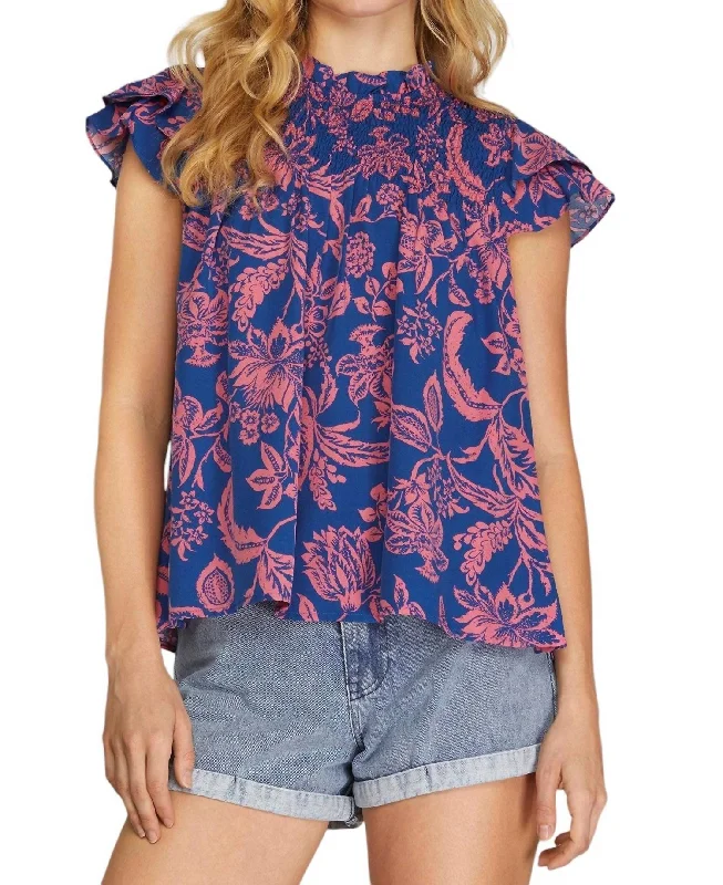 Linen Short Sleeve TopsDouble Layered Flutter Sleeve Print Top W/smocked Yoke In Blue