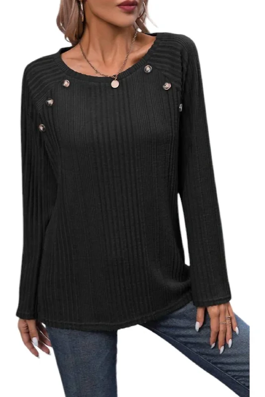 Estella Ribbed Knit Button Detail Top In BlackKnit Spring