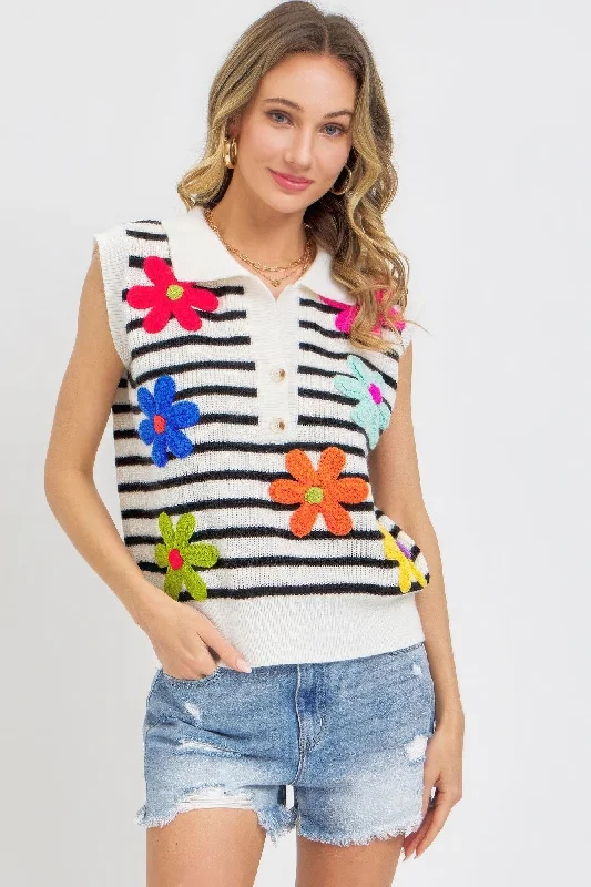 Flower Patch Stripe Knit TopKnitted Long Sleeve