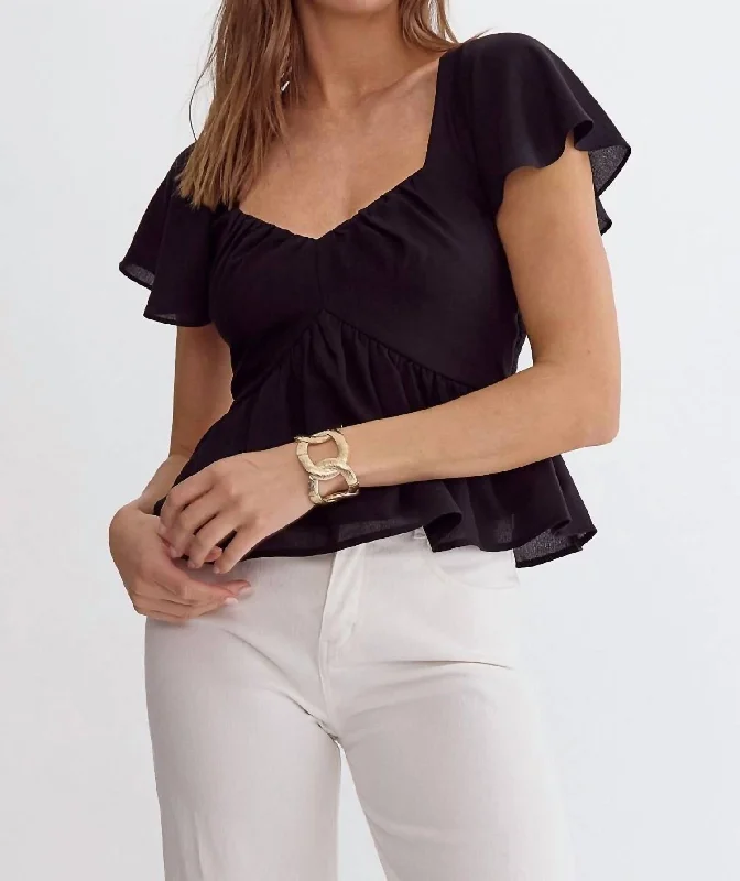 Sports Team Short Sleeve TopsFlutter Sleeve Peplum Top In Black