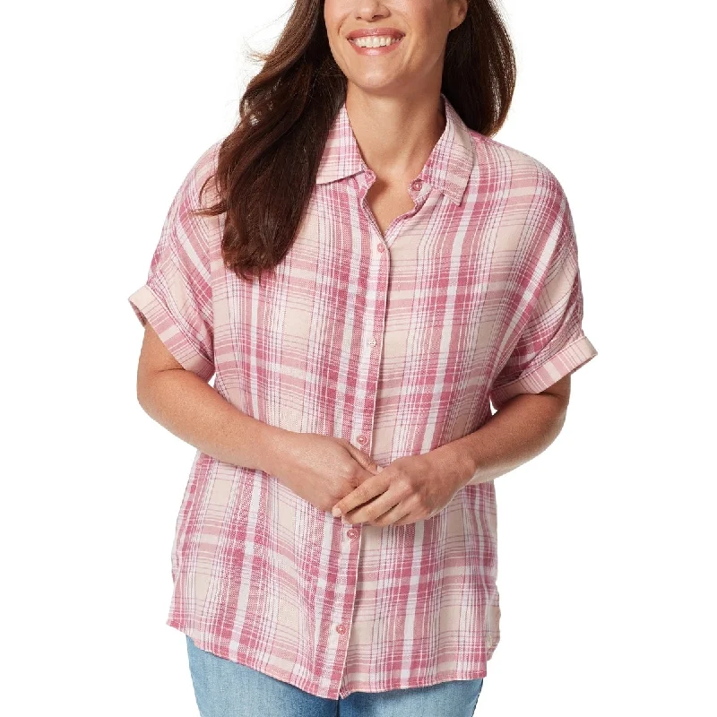 Mid-length down jacketGloria Vanderbilt Women's Plaid Pleated Back Button Down Top Pink Size Small