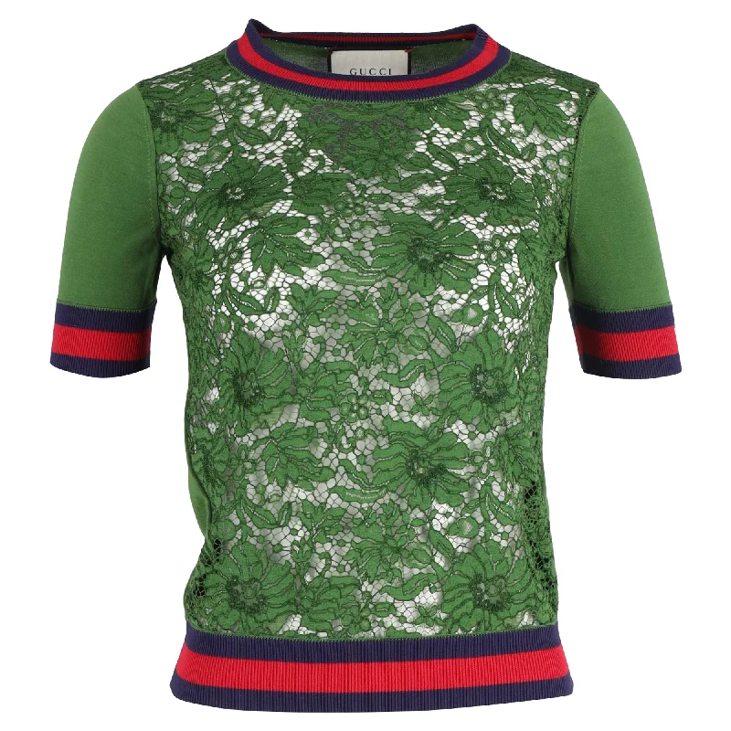 Gucci Knitted Floral Lace With Webbing Collar and Hems Top in Green CottonKnitted Fine