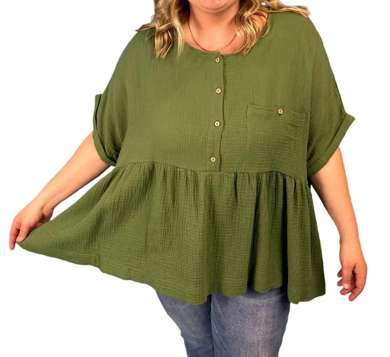 Down jacket with jeansHalf Button Down Gauze Babydoll Top In Green