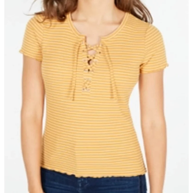 Hippie Rose Junior's Lace Up Rib Knit Top Yellow Size SmallKnit Lace