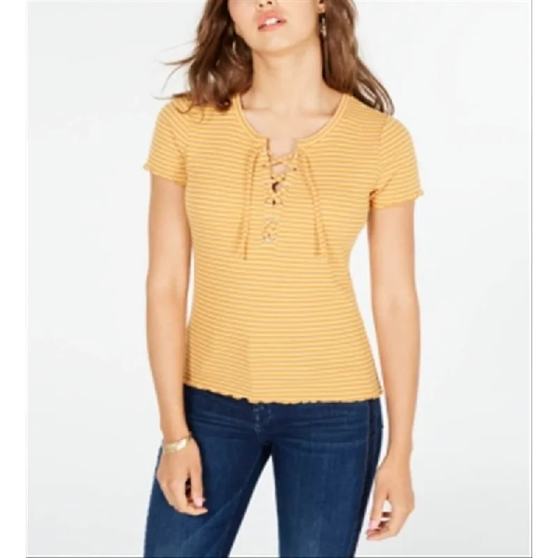 Hippie Rose Junior's Lace Up Rib Knit Top Yellow Size XsKnitted Ribbed