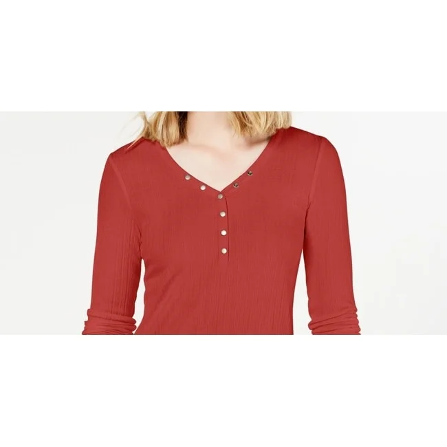 Hippie Rose Juniors' Rib-Knit Henley Top Bright Red Size X-LargeKnitted Sheer