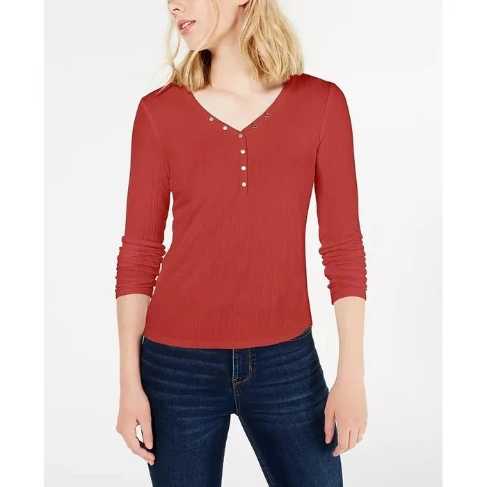 Hippie Rose Junior's Rib Knit Henley Top Red Size SmallKnit Jumper