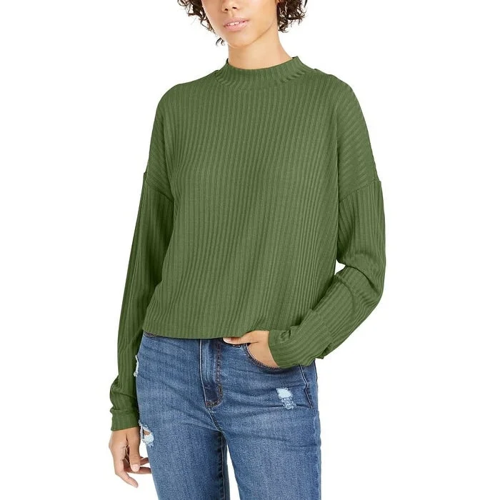 Hooked Up By IOT Junior's Mock Neck Rib Knit Top Green Size LargeKnit Casual