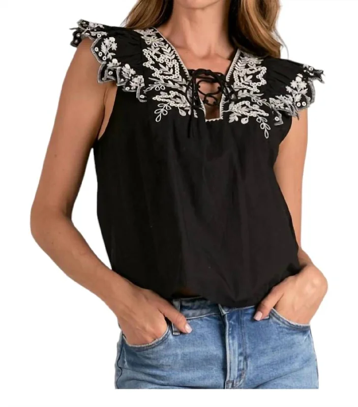 Graphic Short Sleeve TopsJacklyn Flutter Sleeve Embroidered Top In Black Natural