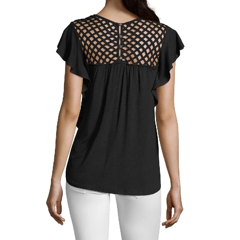 Embroidered Short Sleeve TopsJohn Paul Richard Women's Flutter Sleeve Top Black Size X-Small