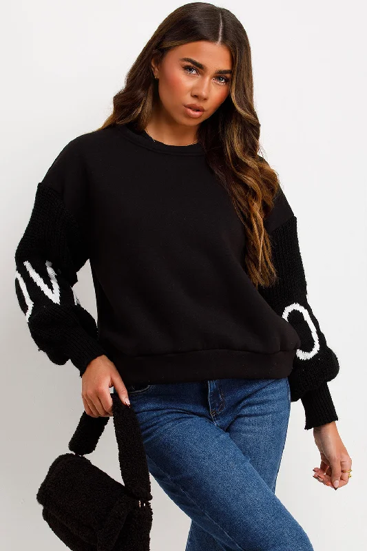 Jumper With Knitted Sleeves Love Slogan BlackKnit Fitted