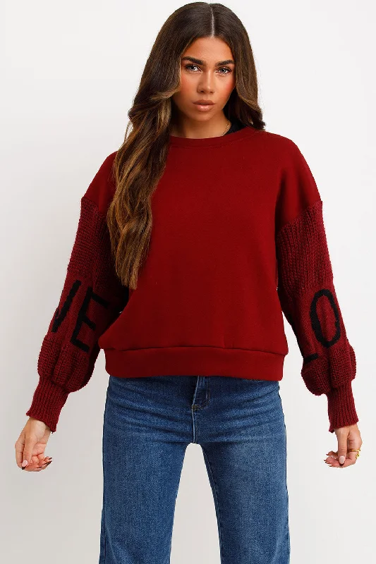 Jumper With Knitted Sleeves Love Slogan BurgundyKnitted Oversized