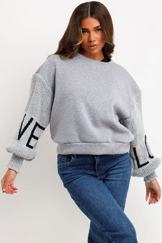 Jumper With Knitted Sleeves Love Slogan GreyKnitted Loose