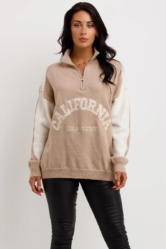 Knitted Half Zip Jumper With California Slogan BeigeKnitted Chunky