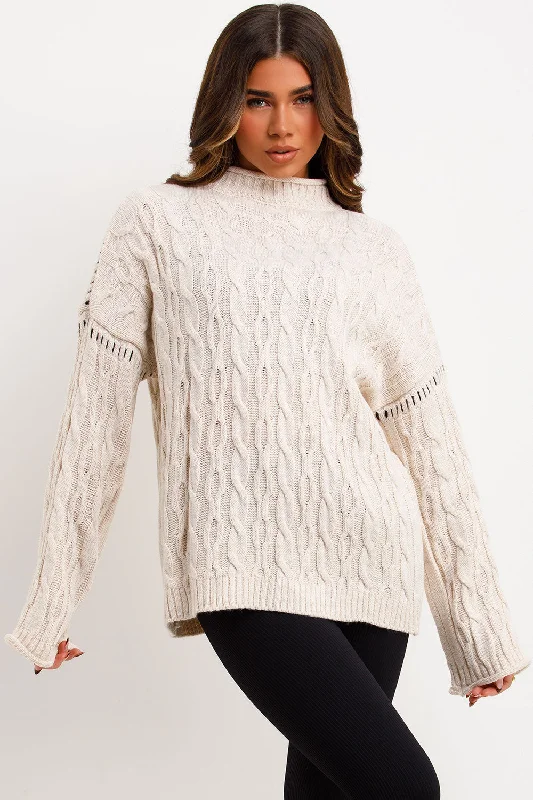 Knitted Jumper With Contrast Stitch Detail BeigeKnit Round Neck