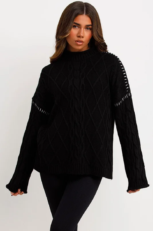 Knitted Jumper With Contrast Stitch Detail BlackKnit Zip-Up