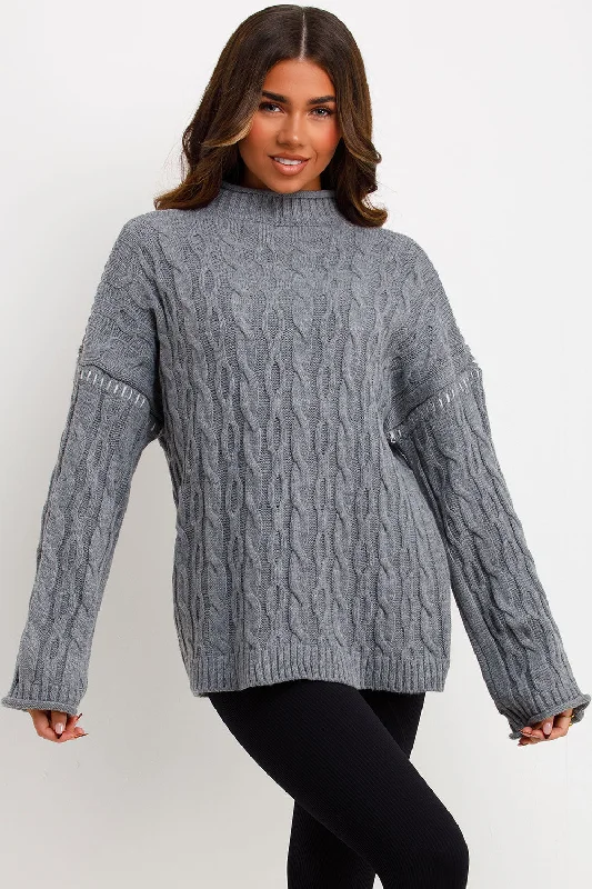 Knitted Jumper With Contrast Stitch Detail GreyKnit V-Neck