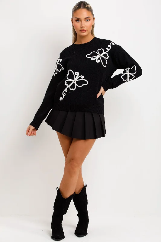 Knitted Jumper With Diamanties Butterfly Embroidery BlackKnit Layered