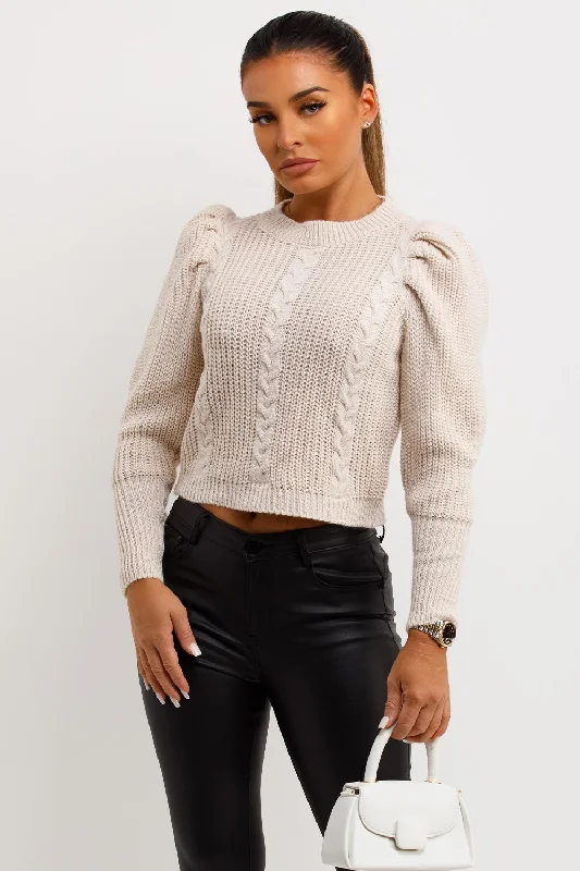 Knitted Jumper With Puff Sleeves BeigeKnitted Fitted