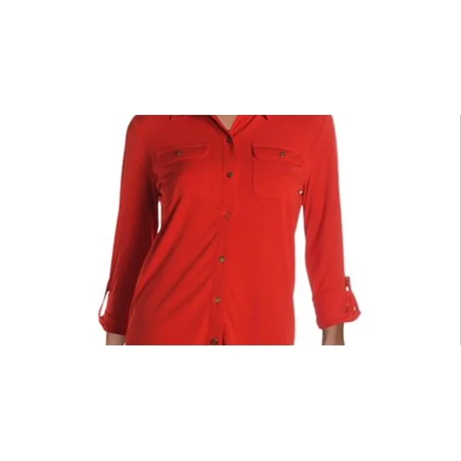 Down workwearLauren Ralph Lauren Womens Binky Stretch Adjusted Sleeves Button-Down Top Red Size S