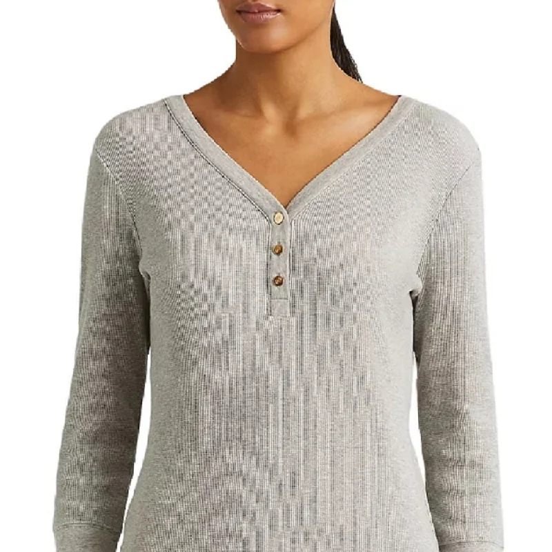 Lauren Ralph Lauren Women's Waffleknit Henley Top Gray Size MediumKnit Hoodie