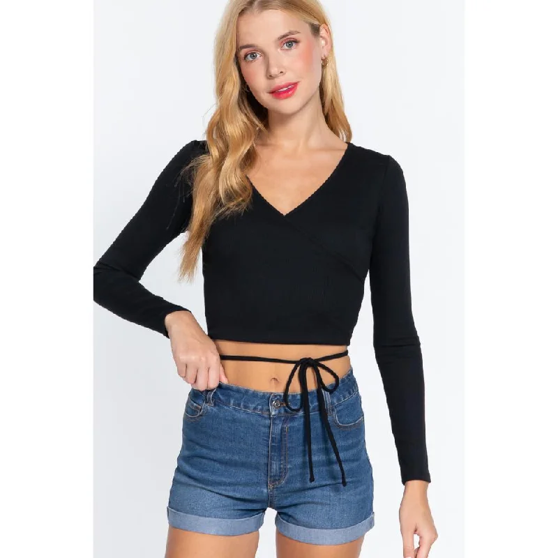 Long Slv Surplice Wrap Rib Knit TopKnit Short Sleeve